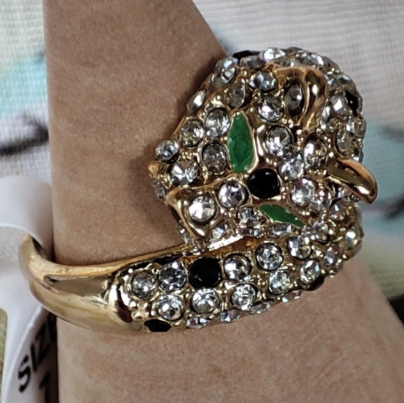 Leopard Cougar Panther Size 7 NEW Rhinestone Gold Tone Ring Green Enamel Eyes - Picture 1 of 6